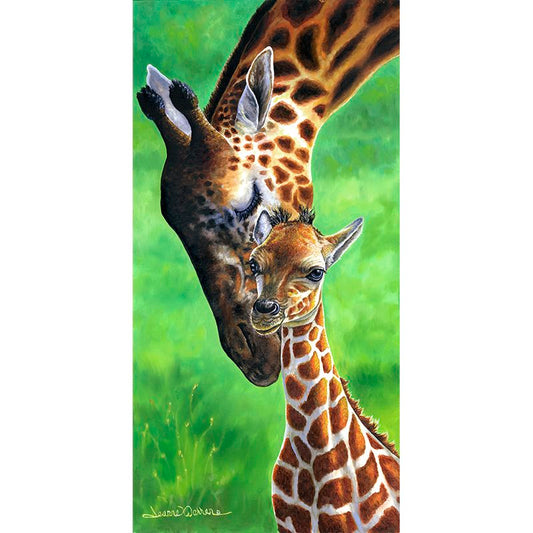 Giraffes" - Baby Giraffe Calf and Mom Art Print showing a tender moment between mother giraffe and baby against vibrant green background. Mother giraffe bends her spotted neck down to nuzzle her calf, showcasing their distinctive patterned fur in warm brown tones.