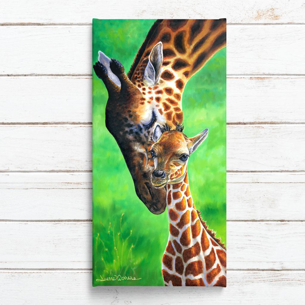 Giraffes - Baby Giraffe Calf and Mom Art Print: A tender wildlife painting showing a mother giraffe bending her long spotted neck to nuzzle her baby calf against a vibrant green background, capturing an intimate maternal moment in nature.