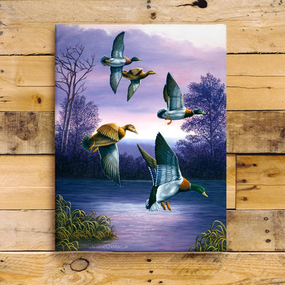 Mallard Ducks in Flight Art Print - Green Heads: Five mallard ducks descending over a tranquil purple lake at dusk, with silhouetted trees and marsh grass against a twilight sky. Three males display distinctive green heads while two females show brown plumage, all captured in graceful landing positions.