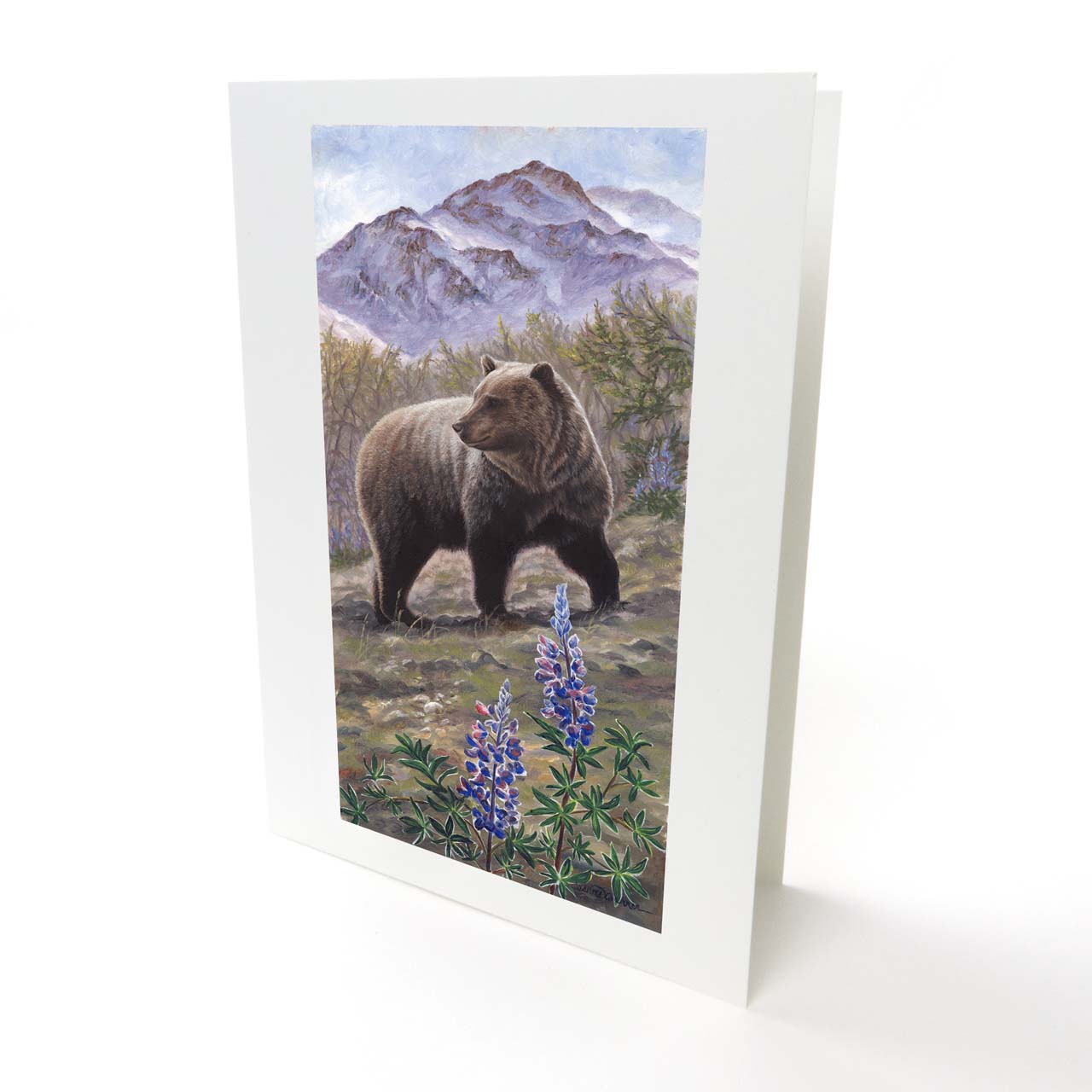 "Grizzly & Lupine" -  Grizzly Bear and Purple Flowers Art Card