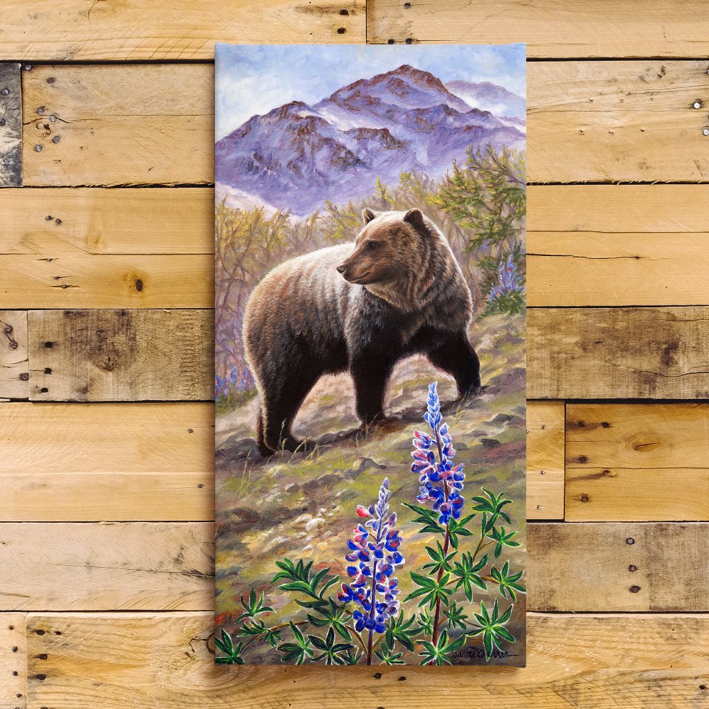 Grizzly & Lupine canvas print on wood shiplap. By Artist Jeanne Warren
