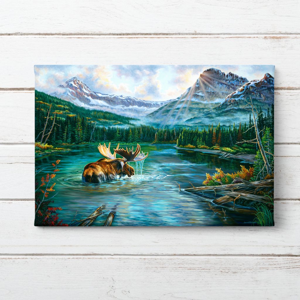 Heavy Shield Warrior Moose painting canvas print on white shiplap. By artist Jeanne Warren