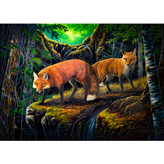 Wild red foxes in a fantasy forest like setting, with sun glistening through the tree tops. By artist Jeanne Warren