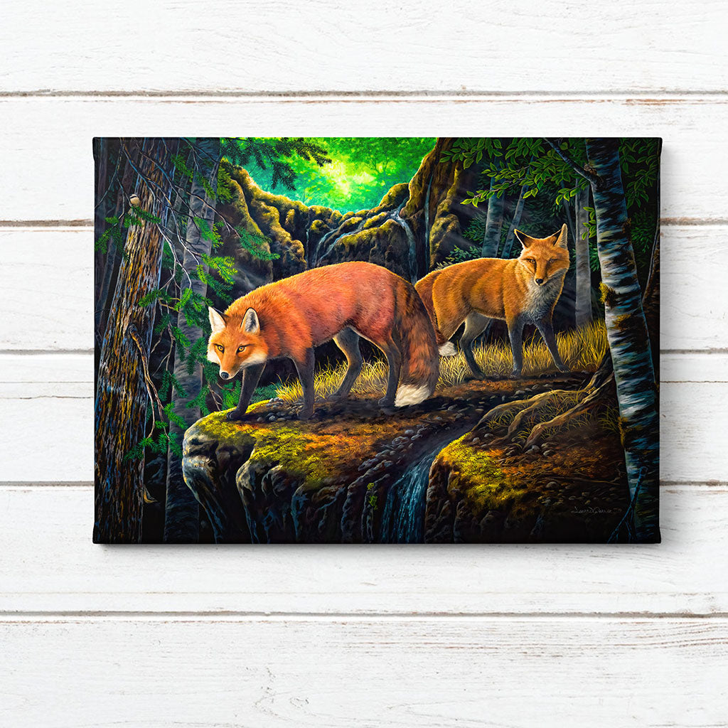 "Hideaway" - Red Foxes and Waterfall Forest Art Print