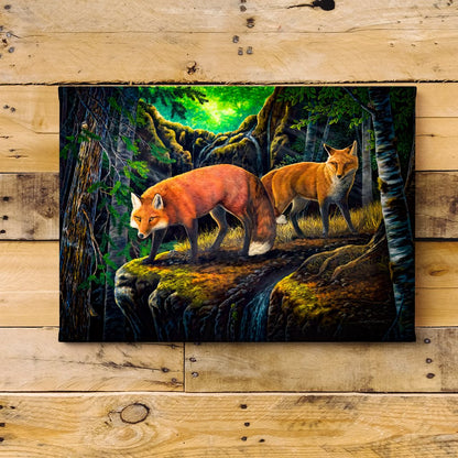 Hideaway - Wild red foxes in a fantasy forest painting giclée canvas print on wood shiplap. By artist Jeanne Warren