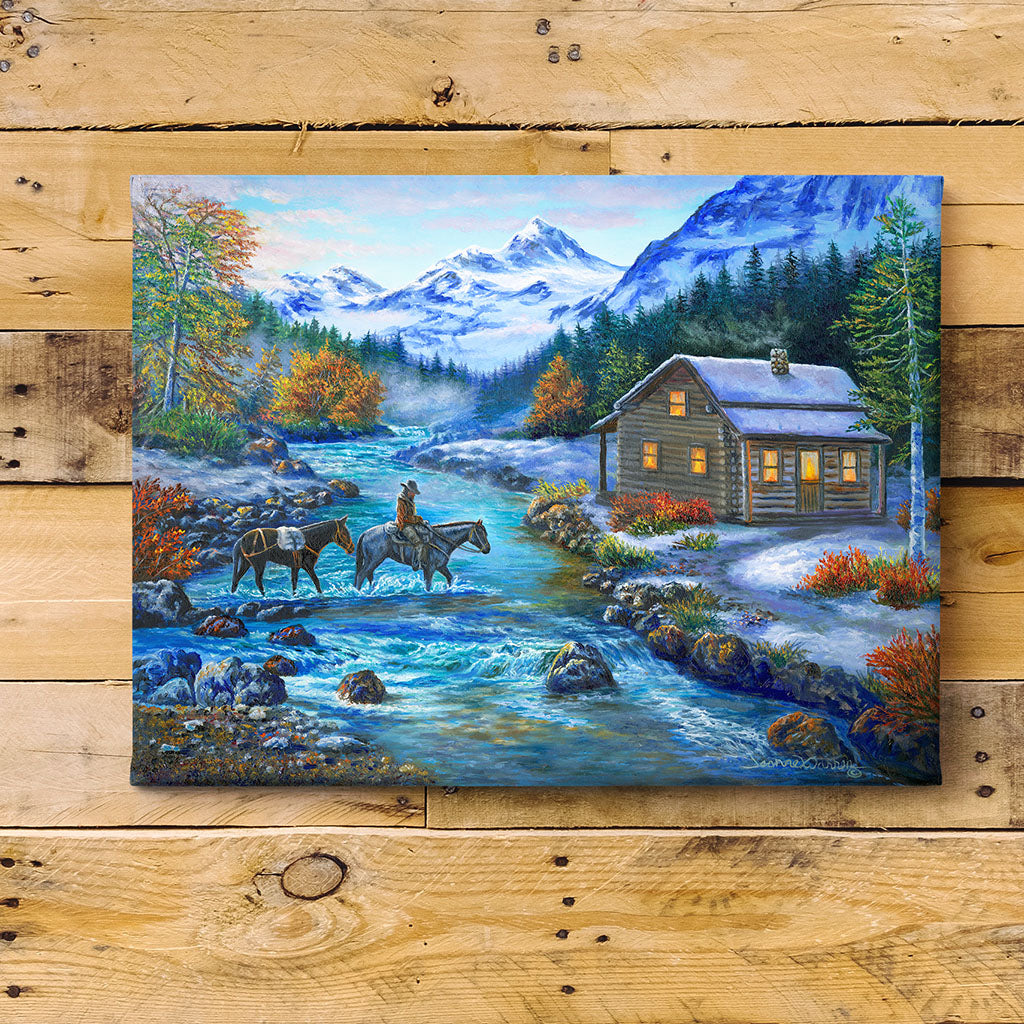 "Home for Supper" Horseback, Pack Mule & Cozy Log Cabin Art Print