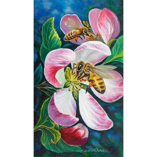 Honey Bee Blossoms art print showing two detailed honey bees gathering nectar from pink apple tree flowers against deep blue background by artist Jeanne Warren