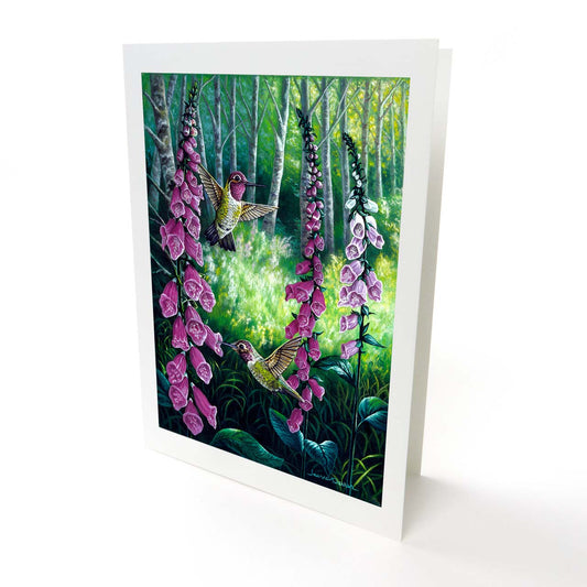 "Hummers & Foxgloves" - Anna's Hummingbirds Art Greeting Card