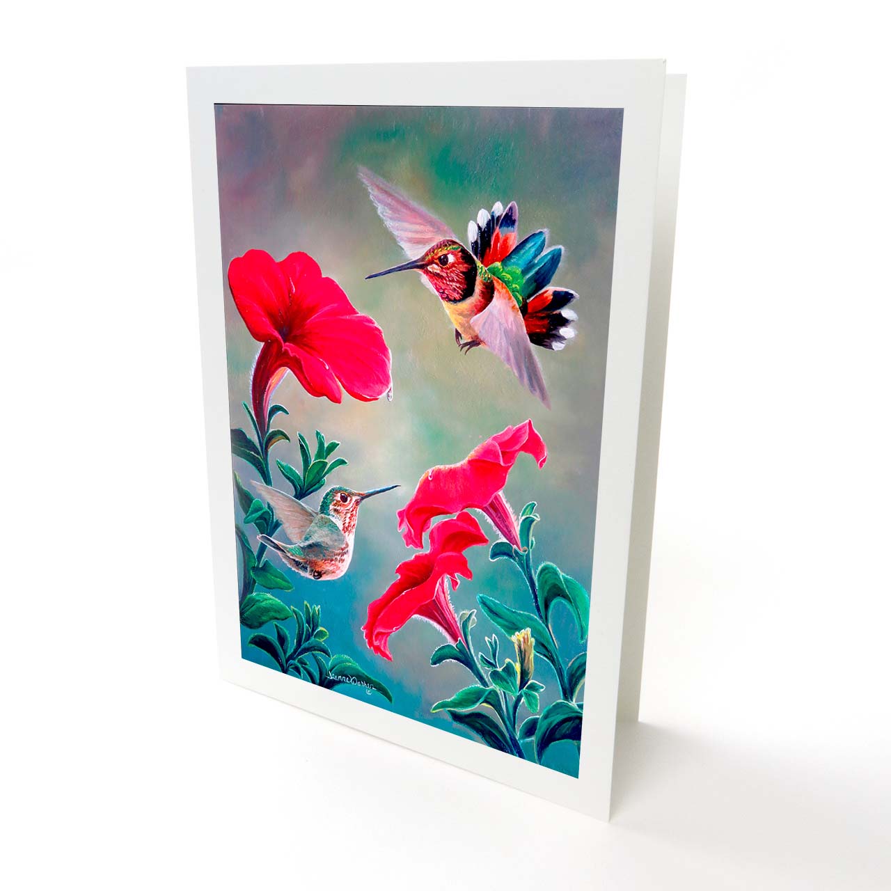 Hummingbirds & Petunia Flowers Art Card - "Hummers & Petunias"