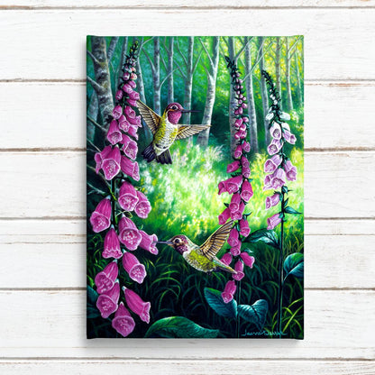 Anna's Hummingbird & Foxglove Flowers Art Print - "Hummers & Foxgloves"