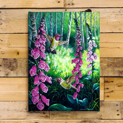 Anna's Hummingbird & Foxglove Flowers Art Print - "Hummers & Foxgloves"