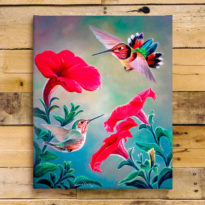 Hummingbirds & Petunia Flowers Art Print - "Hummers & Petunias"
