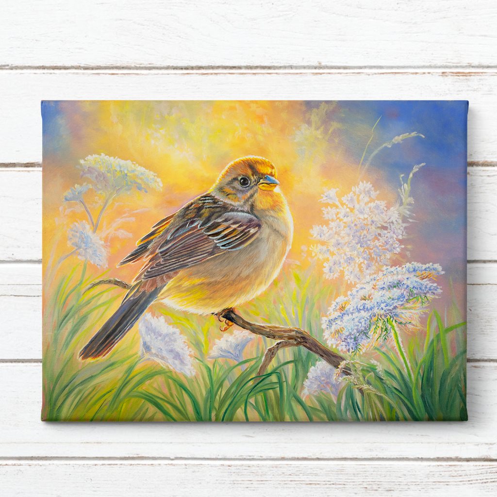 Golden Crown Sparrow Songbird Art Print – "Laced in Gold"
