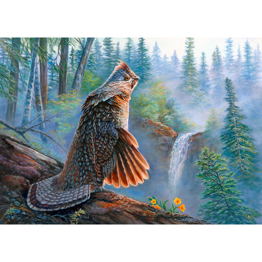 Ruffed Grouse and Woodland Waterfall Art Print - "Little Drummer Grouse"