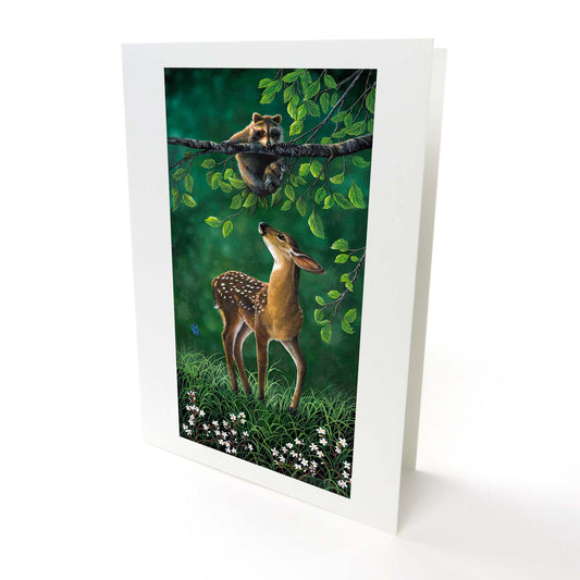 Baby Deer and Raccoon Art Greeting Card - "Looking Up"