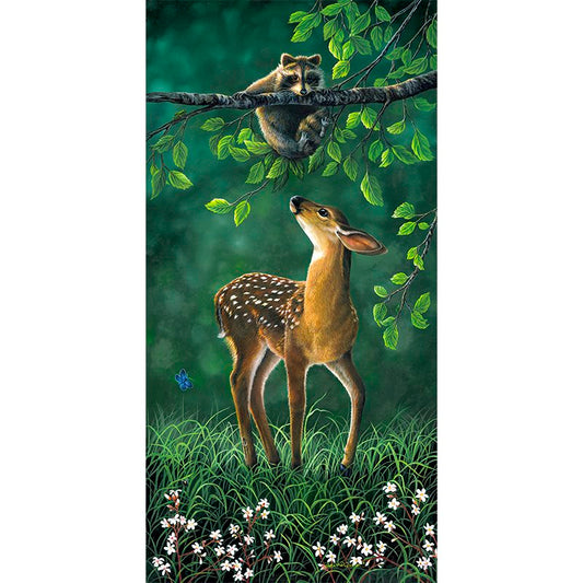 "Looking Up" - Baby Deer and Raccoon Art Print