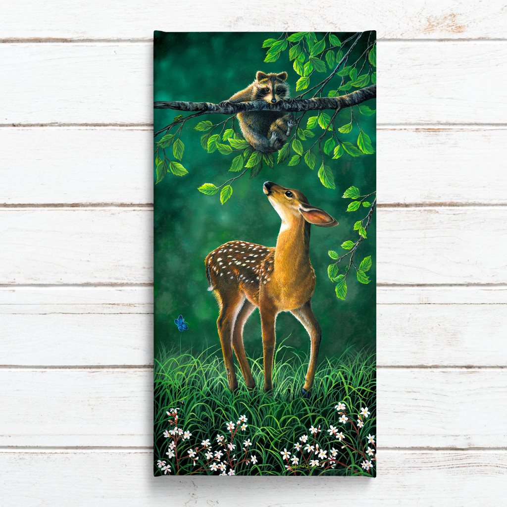 "Looking Up" - Baby Deer and Raccoon Art Print