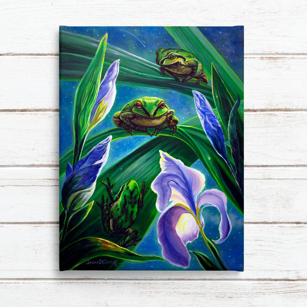 Pacific Tree Frog and Purple Iris Flowers Art Print - "Moonlight Sonata"
