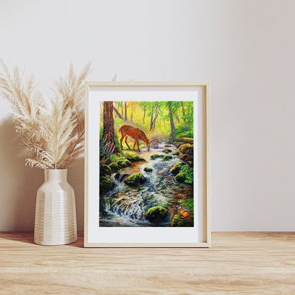 Oregon Creek and Black-tailed Buck Art Print - "Mossy Creek"