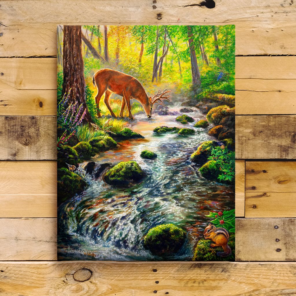 Oregon Creek and Black-tailed Buck Art Print - "Mossy Creek"