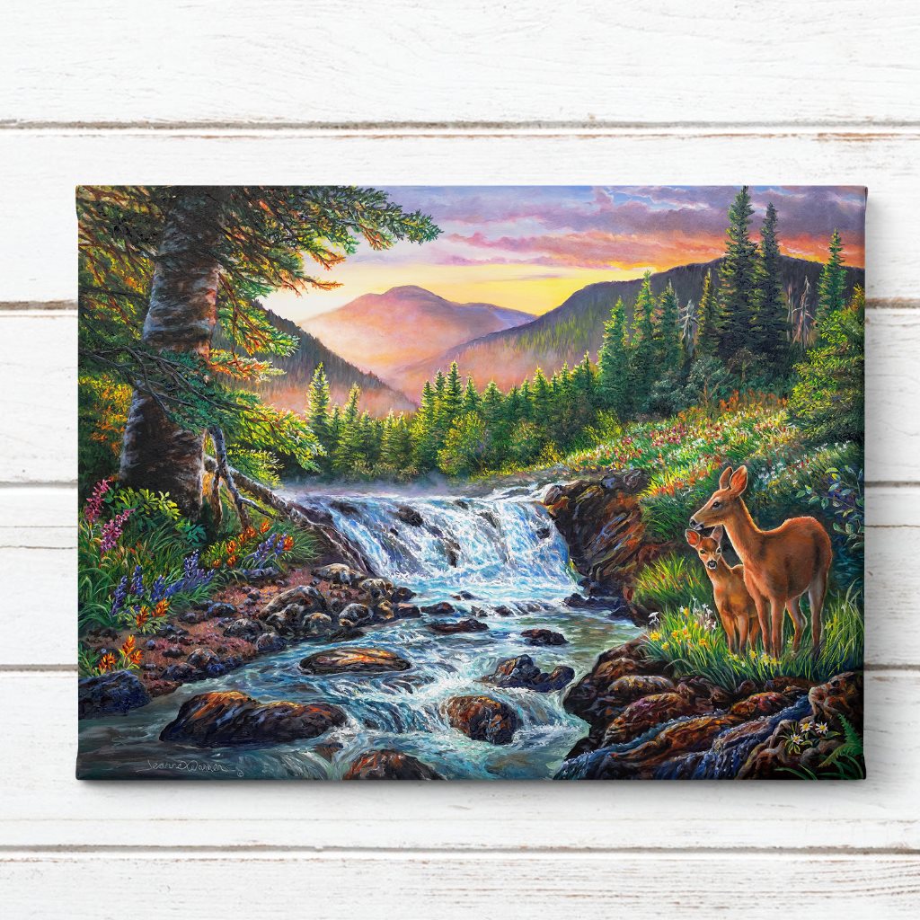 New Life - Deer & Fawn in Sunrise Forest Landscape Art Print