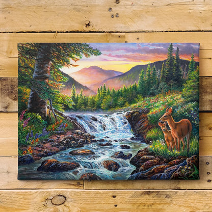 New Life - Deer & Fawn in Sunrise Forest Landscape Art Print