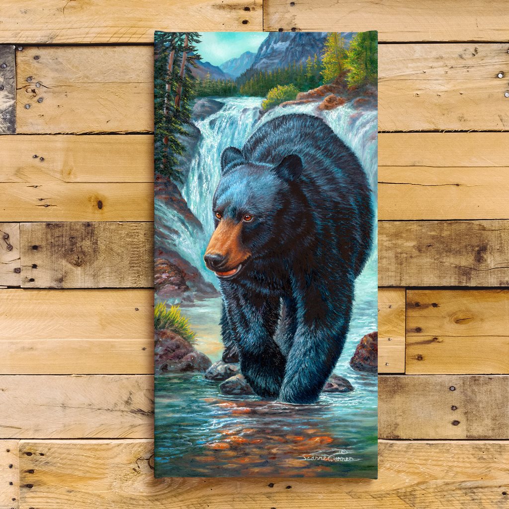"On the Prowl" - Black Bear and Water Falls Art Print