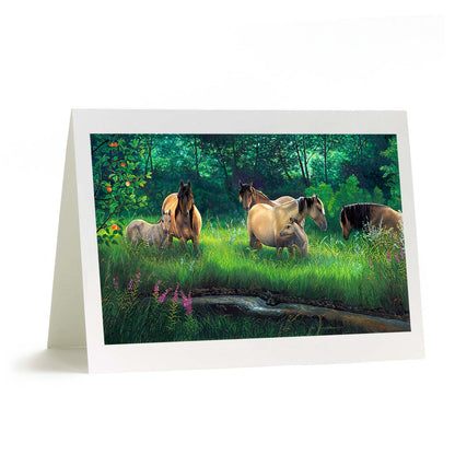 Kiger Mustang Herd in Meadow Art Greeting Card - "Quiet Morning"