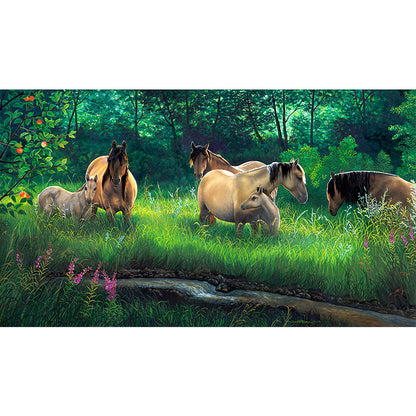 Kiger Mustang Herd in Meadow Art Print - "Quiet Morning"