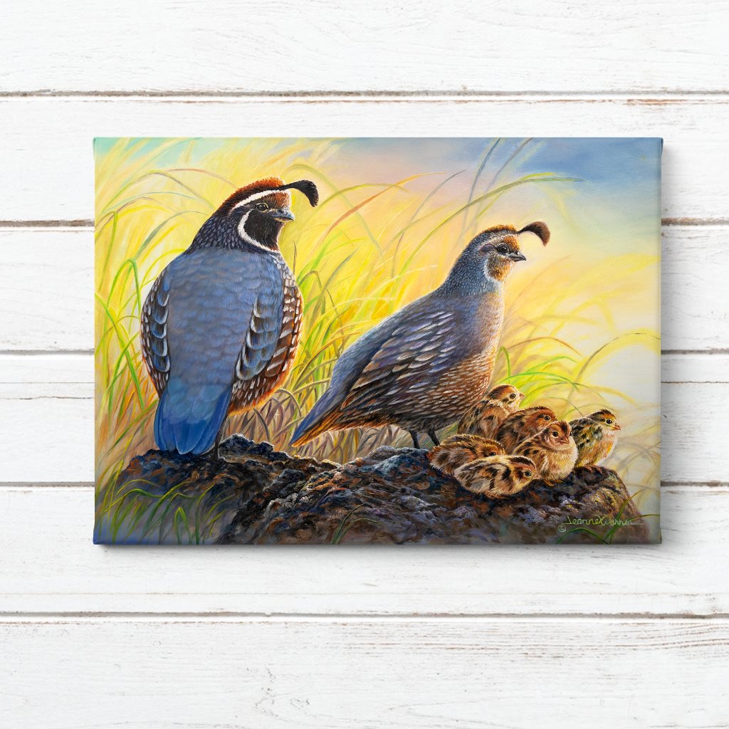"Quiver Full" - Baby New World Quail with Parents Art Print