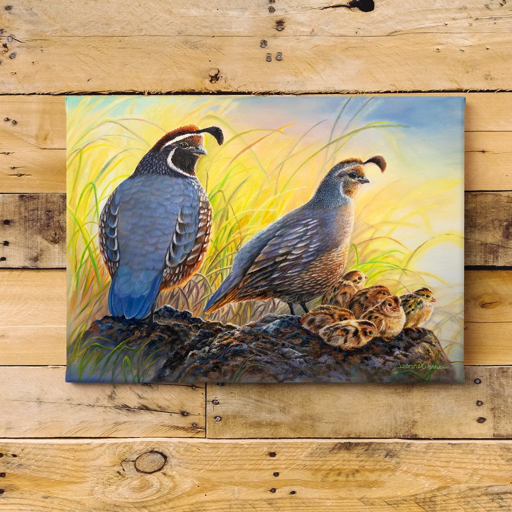 "Quiver Full" - Baby New World Quail with Parents Art Print