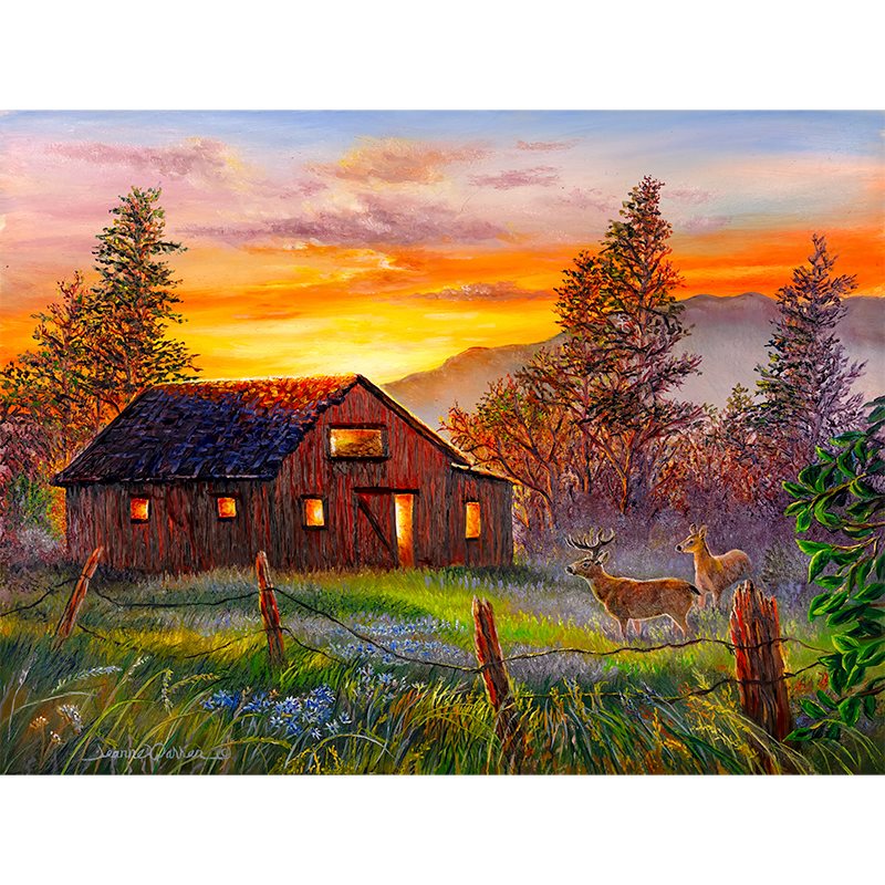Old Barn and Deer Meadow Art Print "Rise n Shine"