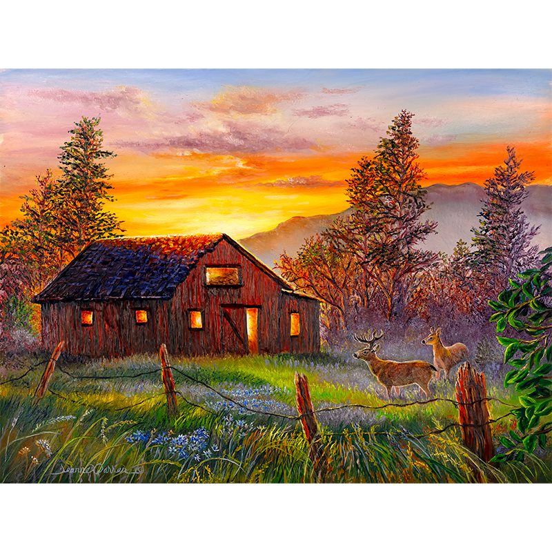 Old Barn and Deer Oil Painting - "Rise and Shine" 9x12"