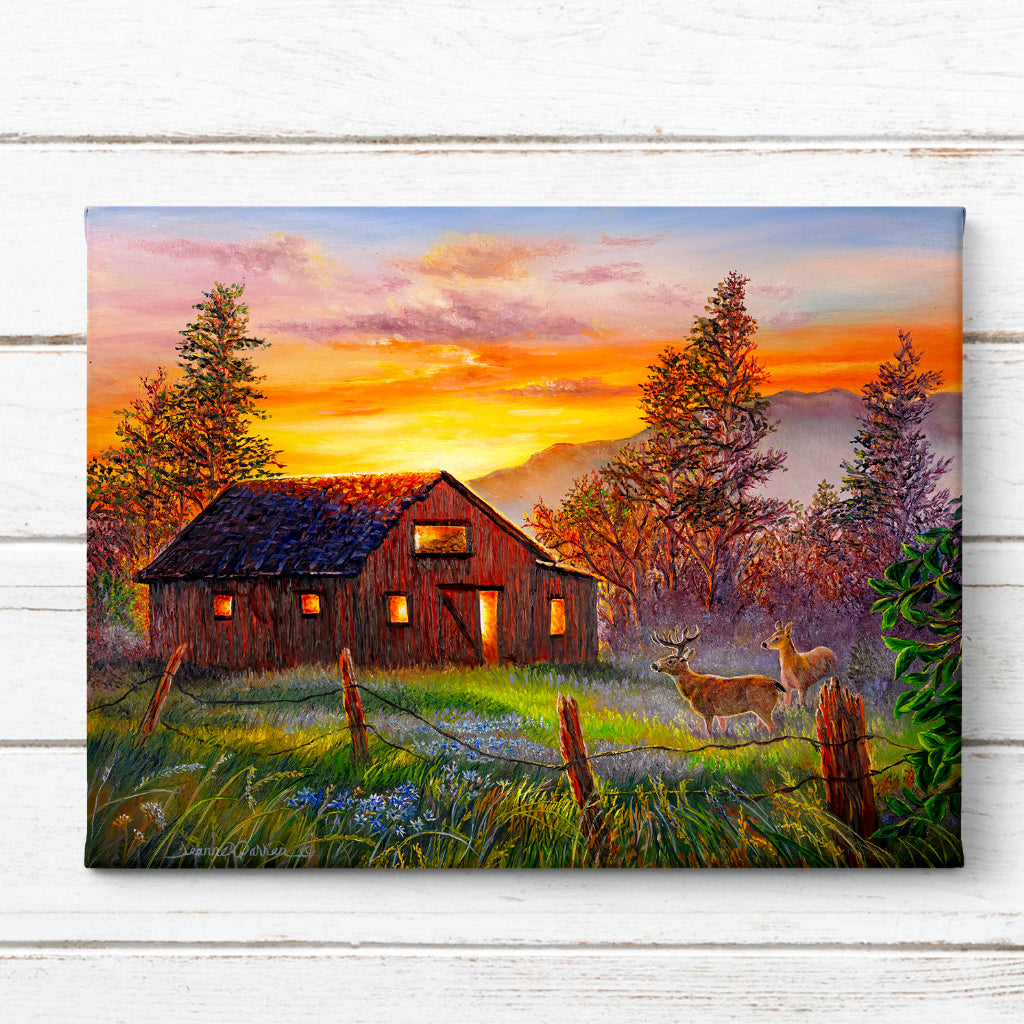 Homestead Barn and Sunrise Art on White Shiplap