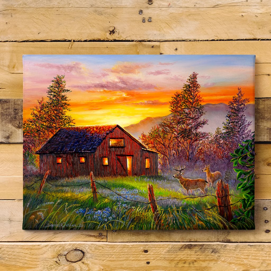 Rustic Barn and Deer Sunrise Art Print on Shiplap