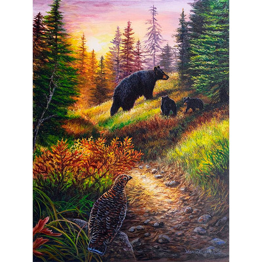 "Road Block" - Black Bear and Cubs in Sunset Art Print