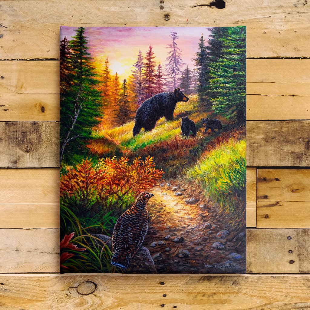 "Road Block" - Black Bear and Cubs in Sunset Art Print