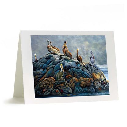Brown Sea Pelicans Art Greeting Card - "Rockin Out"