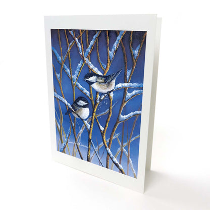 Chickadees and Snow Art Greeting Card - "Snow Birds"