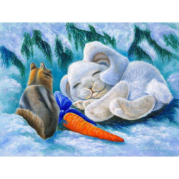 "Snuggle Bunny" - White Christmas Rabbit & Chipmunk Art Print
