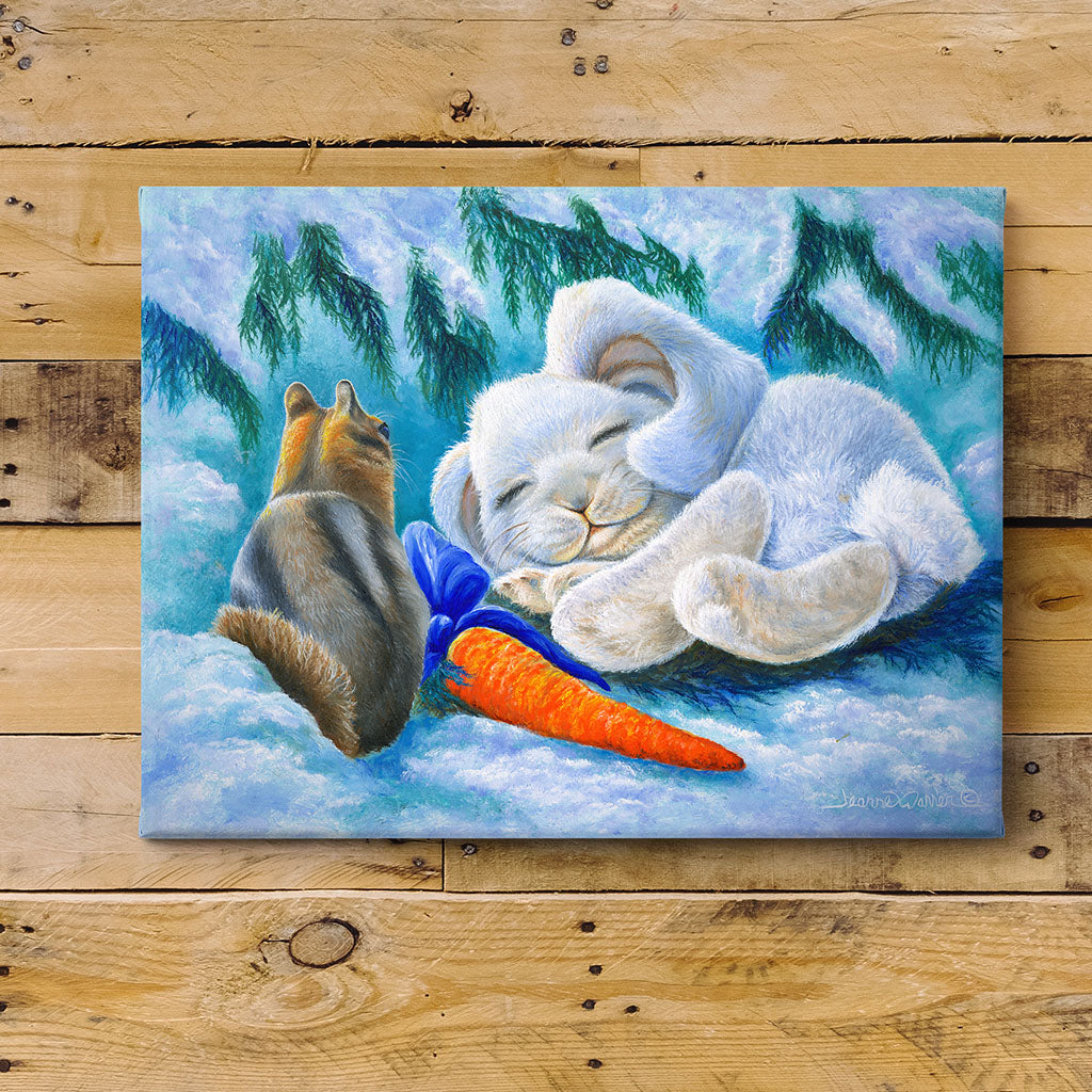 "Snuggle Bunny" - White Christmas Rabbit & Chipmunk Art Print