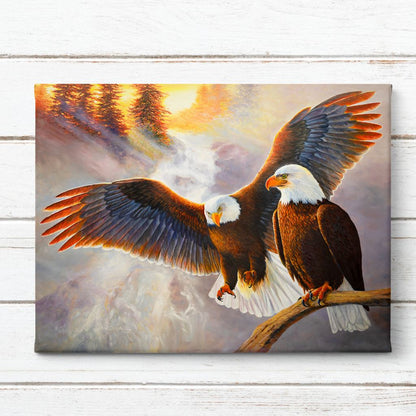 Soaring American Bald Eagle Canvas Print on White Shiplap Wall