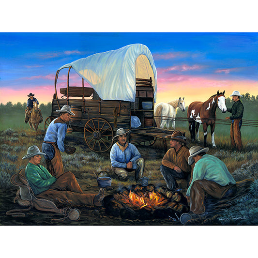 "The Roundup" - Covered Wagon, Cowboys and Horses Art Print