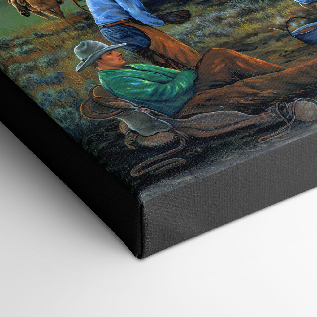 "The Roundup" - Covered Wagon, Cowboys and Horses Art Print