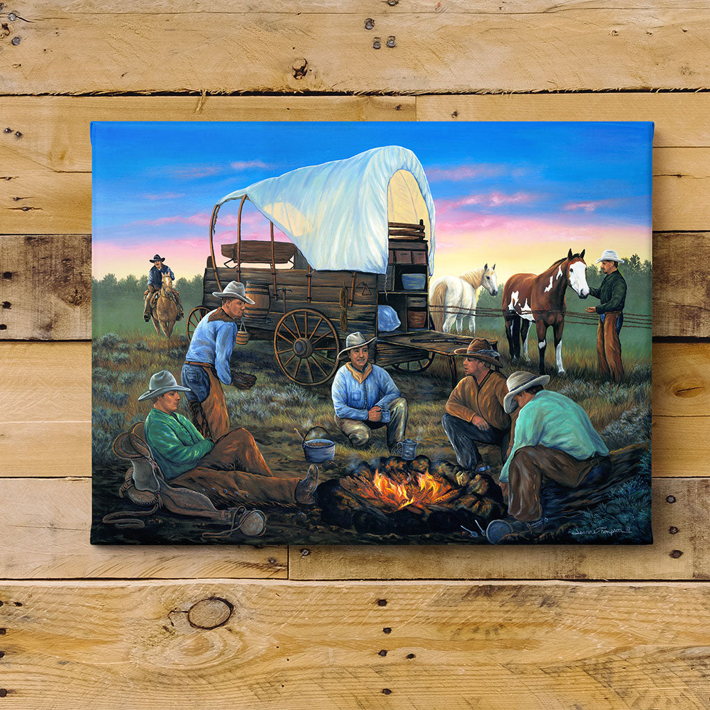 "The Roundup" - Covered Wagon, Cowboys and Horses Art Print